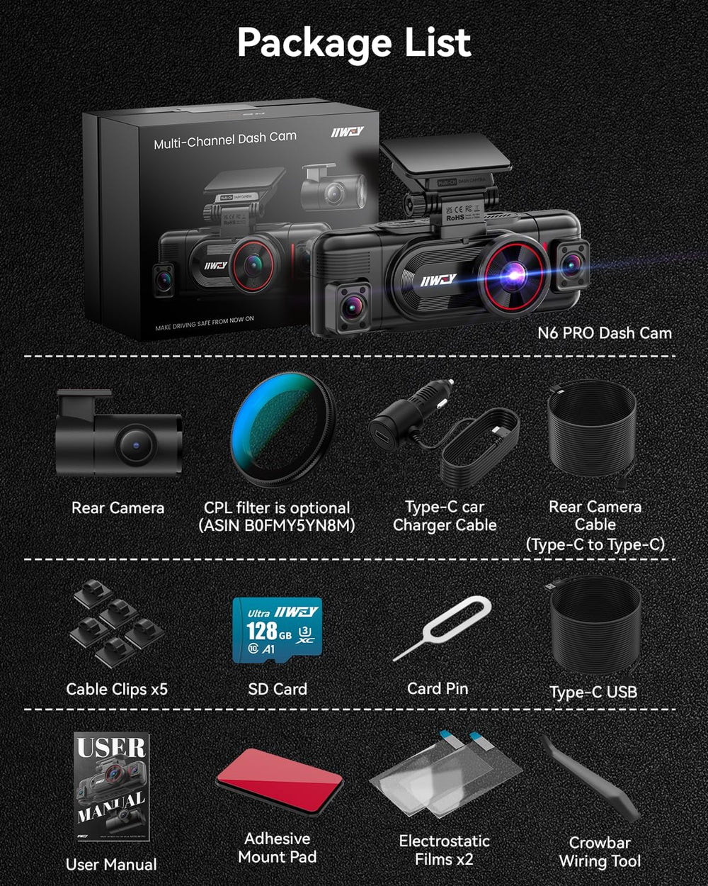 IIWEY N6 PRO 4K STARVIS 2 4-Channel Dash Cam 360° View, Free 128GB Card