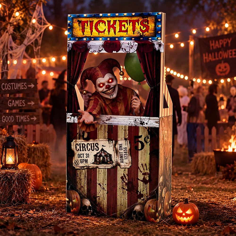 Circus Halloween Decorations Creepy Clown Carnival Ticket Booth Photo Prop