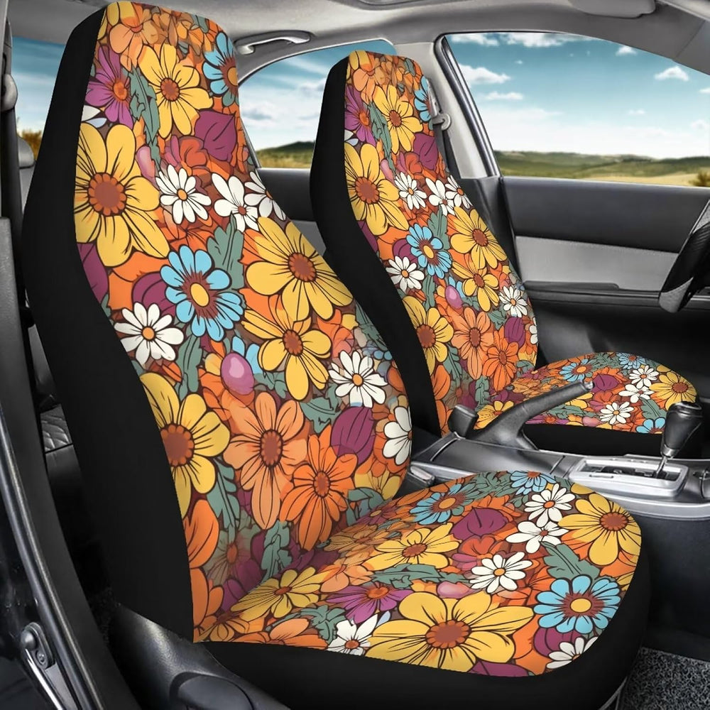 Hippie Flower Orange 2 Pcs Car Seat Covers Front Seats Only Elastic Cushion P...