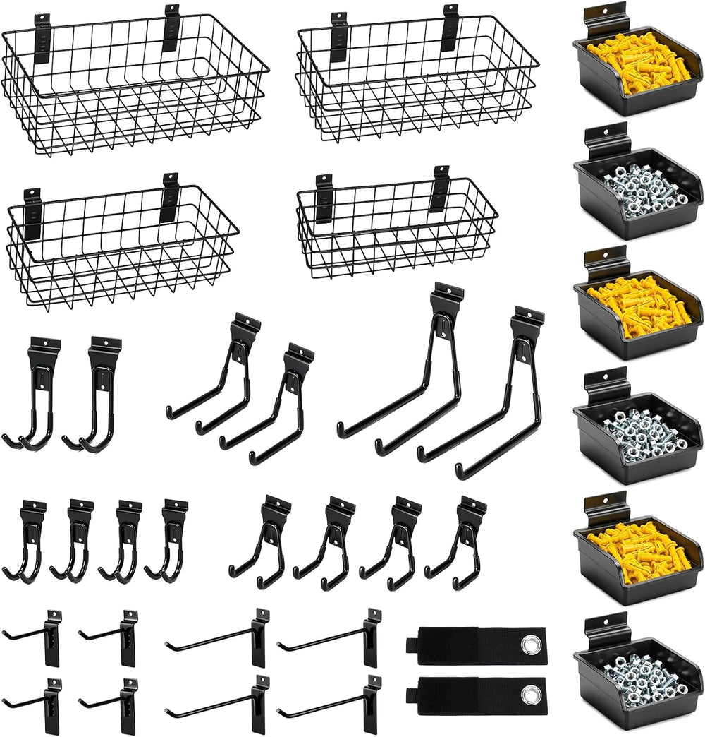 34PCS Slatwall Accessories Set: Baskets, Hooks Set, Screw Bins
