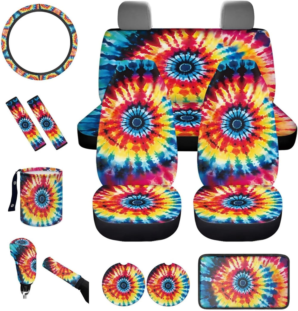 Tie Dye Car Seat Cover Set 13 Pcs Hippie Tie Dye Print Car Interior Accessori...