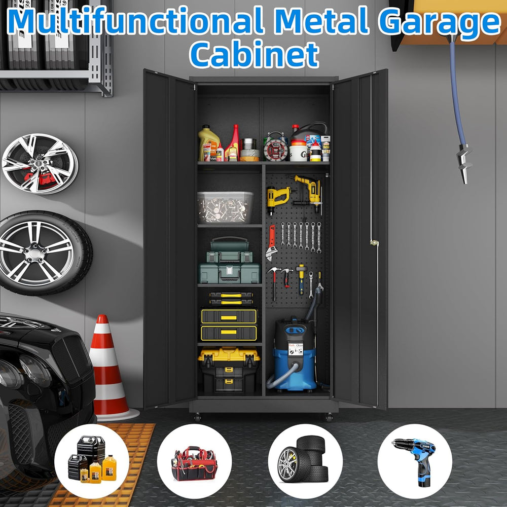 Garage Storage Cabinet with 4 Wheels,Lockable Tool Cabinets with Pegboard and...