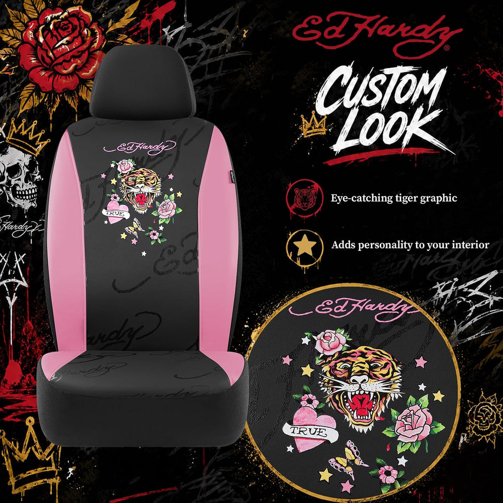 ED HARDY Tiger Print Car Seat Covers, Pink Premium Leather Front Seat Covers,...