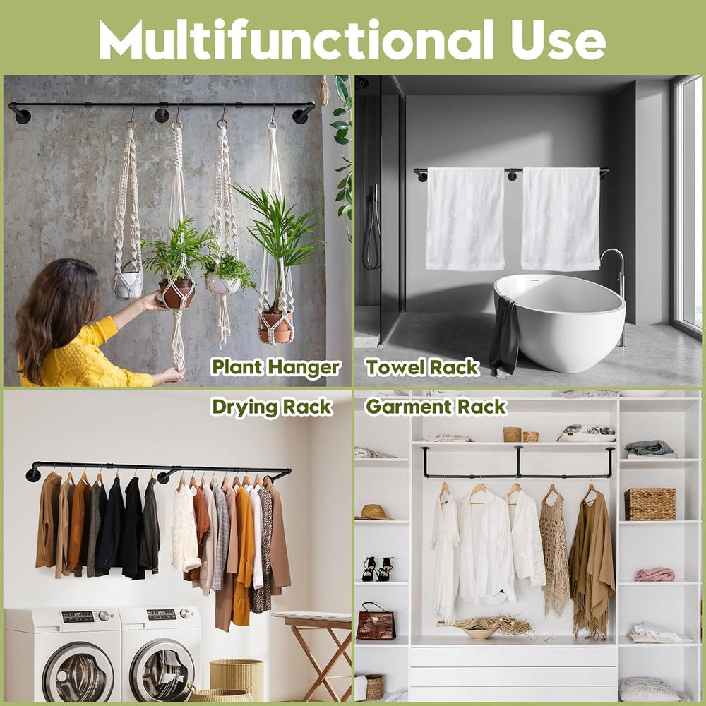 Industrial Pipe Clothing Rack, 66.1" Wall Mounted Clothes Rack Set of 2,...