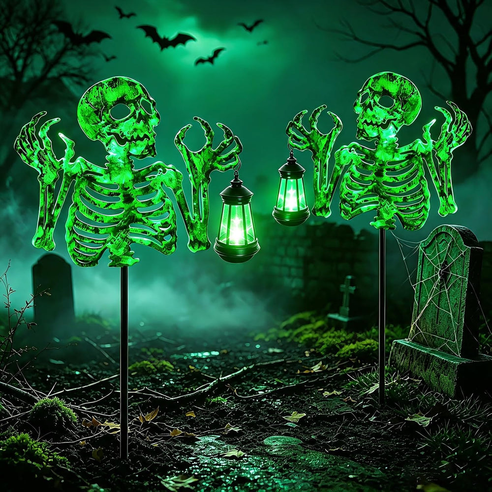 Halloween Skeleton Decorations Outdoor,Spooky Green Glowing Iron Skull