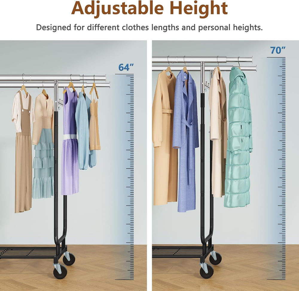 Heavy Duty Rolling Clothes Rack, 620 LBS Load Double Rod Adjustable Garment R...