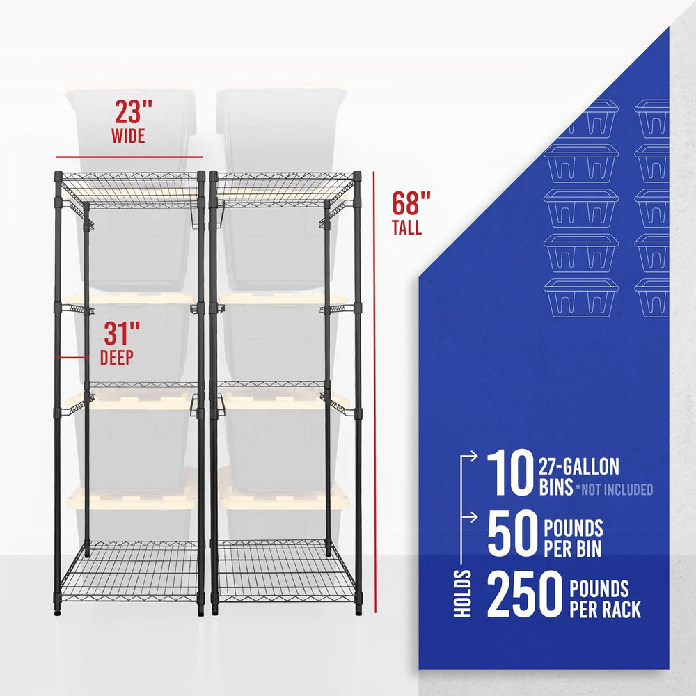 SafeRacks 2-Pack 27 Gallon Tote Storage Rack, 5-Tier Steel Bin Rack, Black