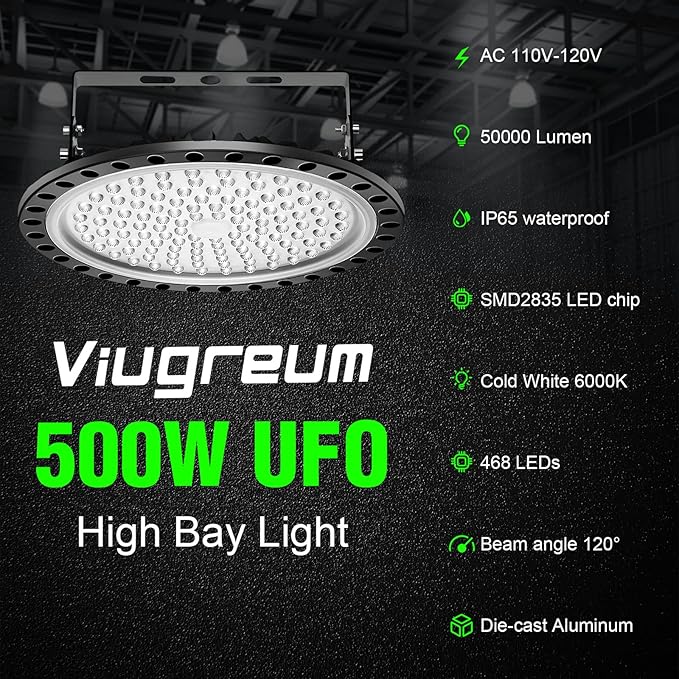 Viugreum High Bay LED Shop Lights, 500W UFO LED High Bay Light 50, 000LM 120V...