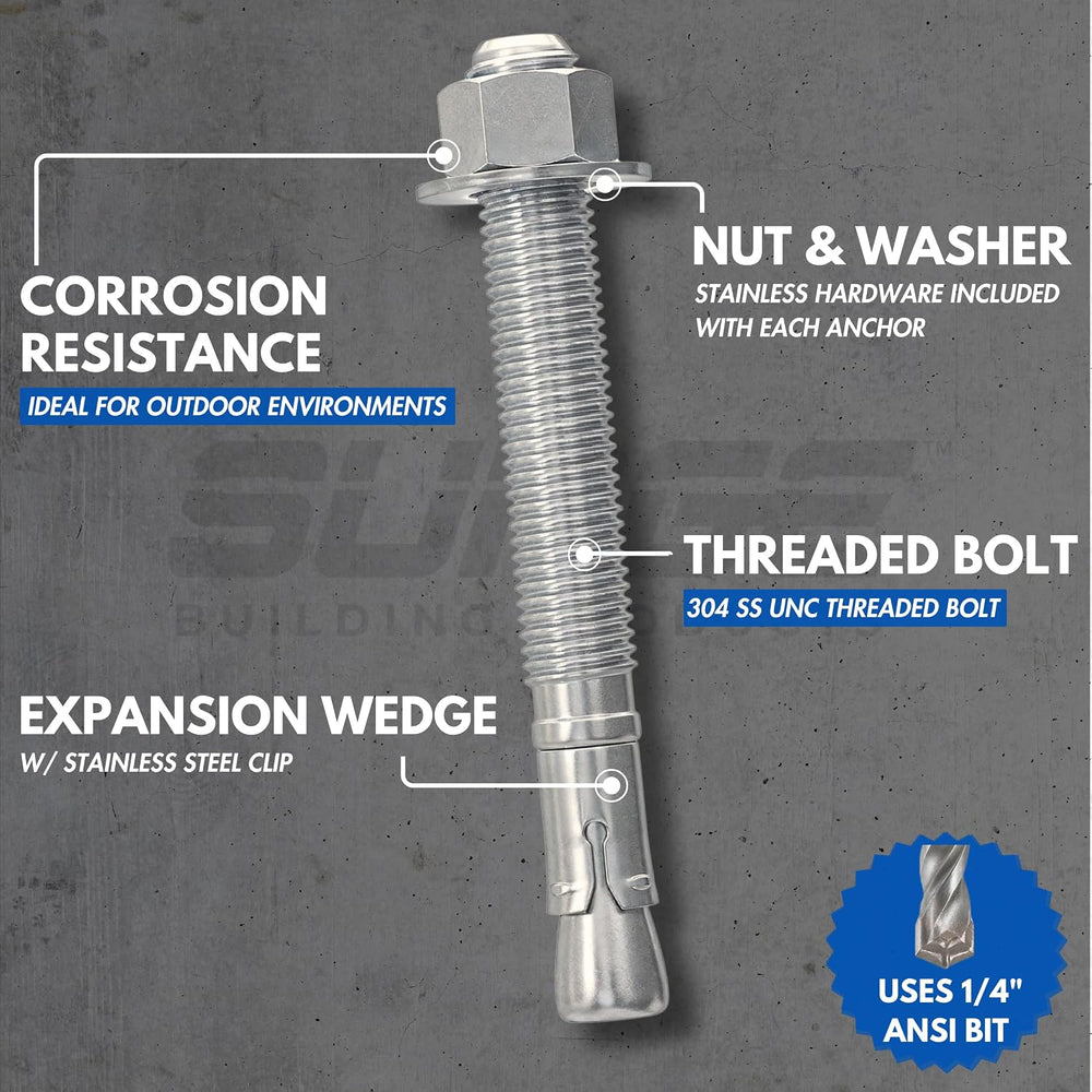 1/4" X 3-1/4" 304 Stainless Steel Wedge Anchors for Concrete (Box o...
