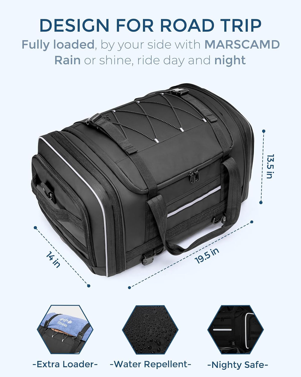 Marscamd Waterproof Motorcycle Tail Luggage Bag, 48L-64L Expandable, a Rain C...
