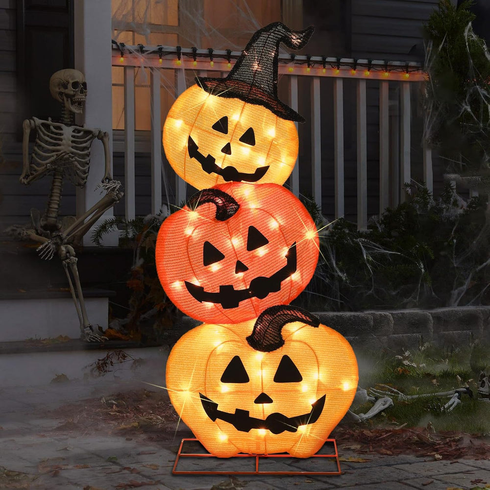 Halloween Lighted 3 Stacked Pumpkins, 39’’ H Pre-Lit Lighted Pumpkins with 50...