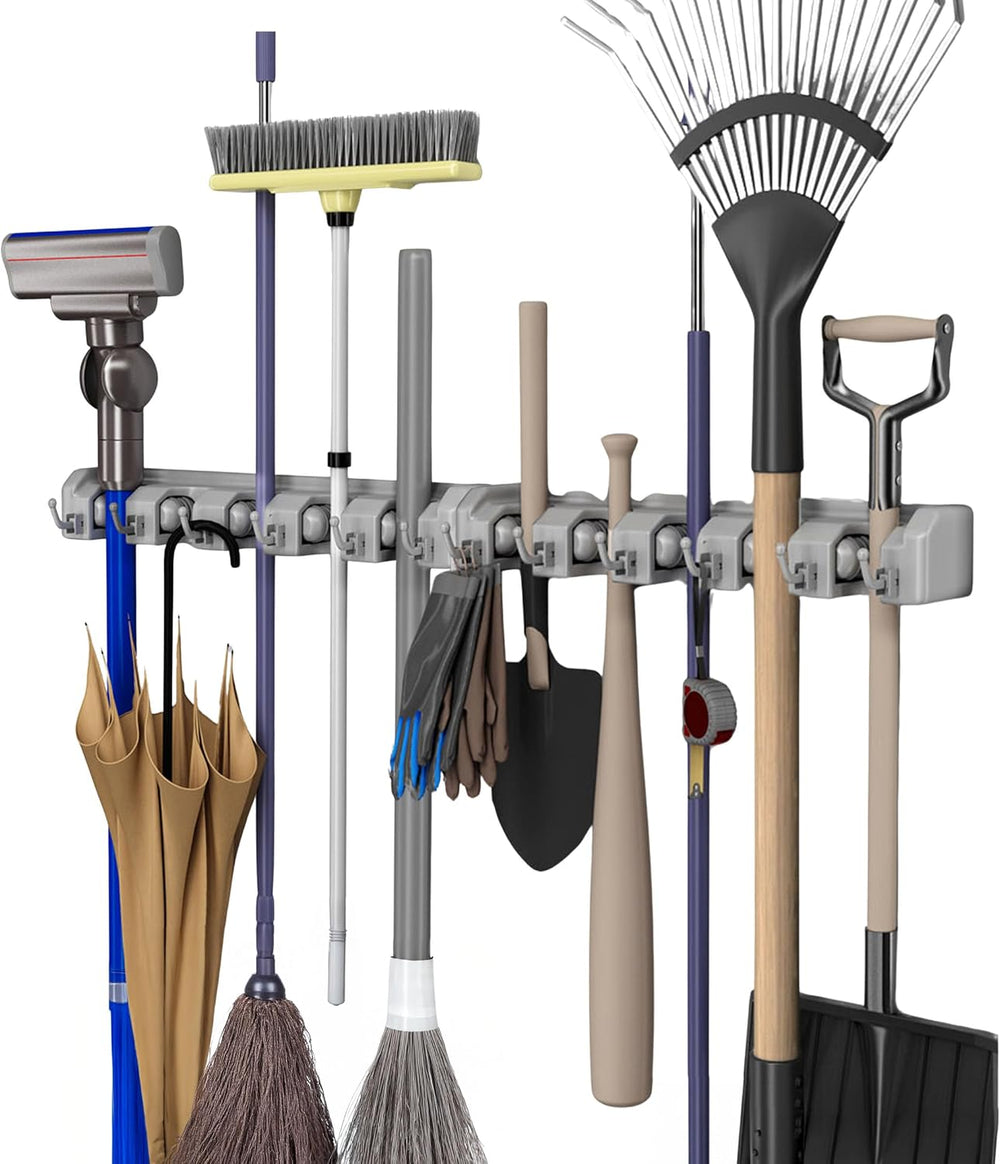 Garden Tool Organizer Wall Mount Broom and Mop Holder, 5 Adjustable Slots and...