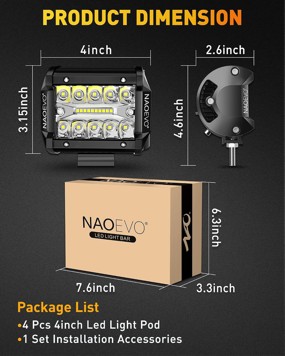 NAOEVO 4 Inch LED Pod Lights, 240W 24,000LM LED Off Road/Fog Lights, 4 Pcs
