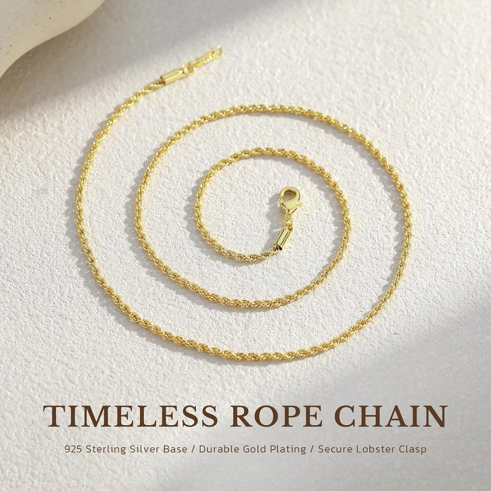 2mm Gold Rope Chain Necklace for Women & Men, 18K Gold Plated 925 Sterlin...