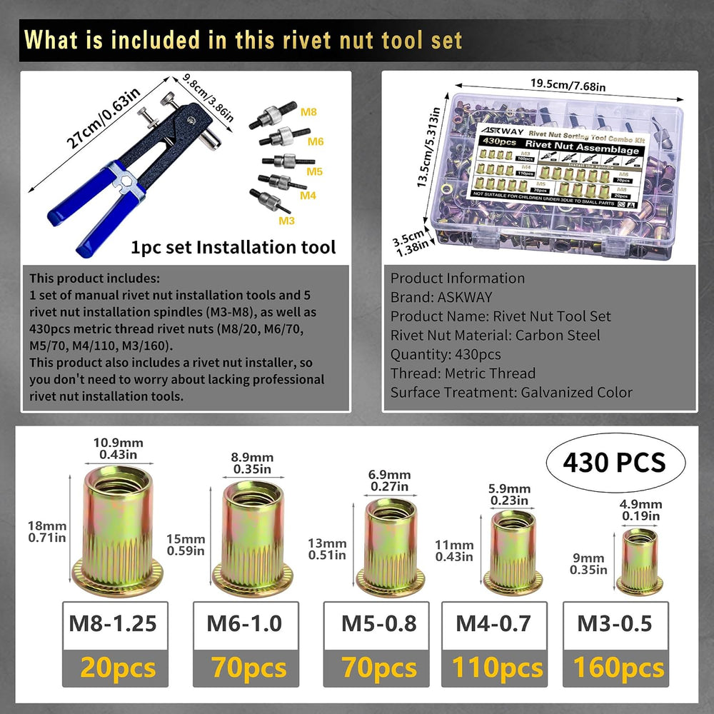Pressure Rivet Nut Tool Kit, 430Pcs Metric Rivet Nut Combination