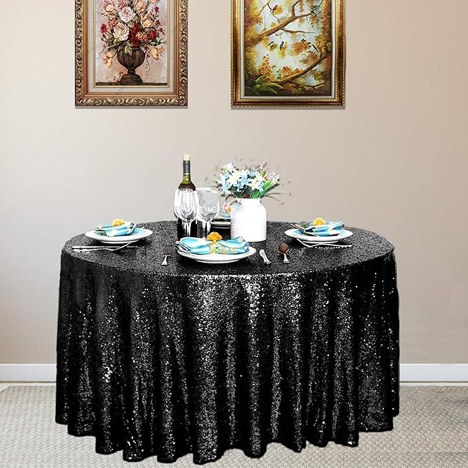 JYFLZQ Black Sequin Tablecloth - 90" Round Sparkly Glitter Metallic Tabl...