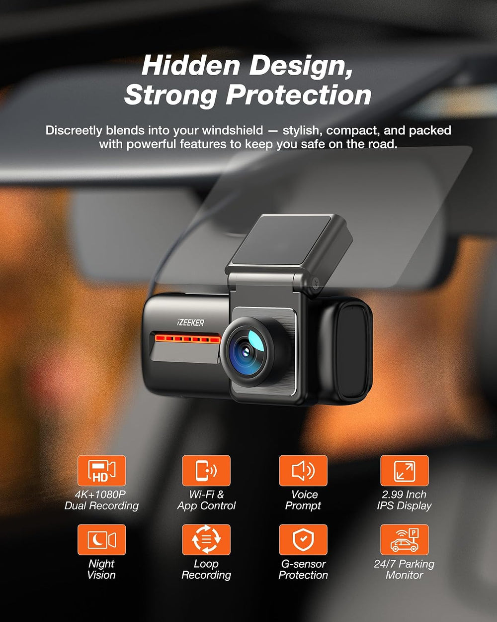 iZEEKER 4K Dash Cam Front and Rear, 4K+1080P Wireless Dash Camera for Cars