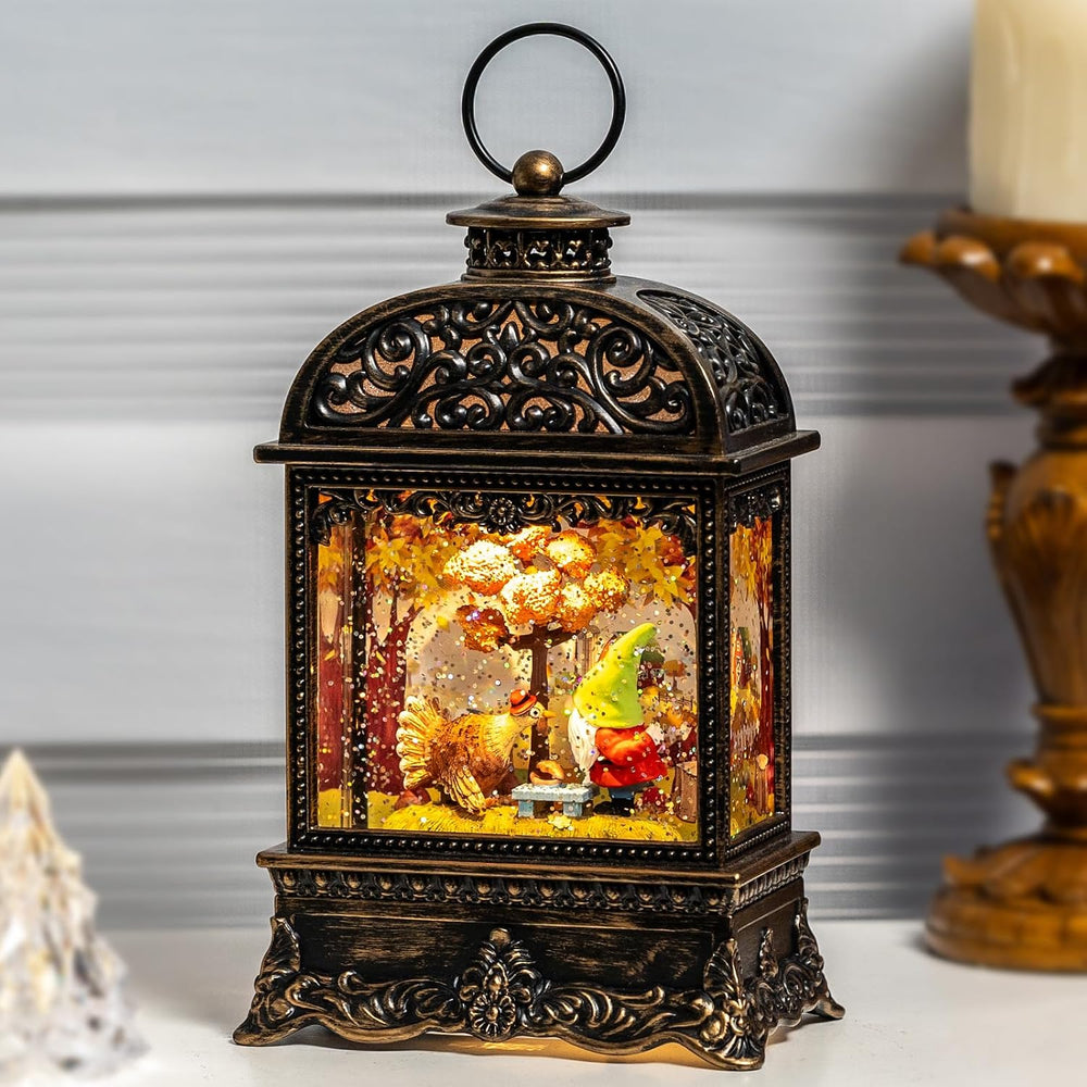 Fall Decor Snow Globe Lantern, Thanksgiving Decoration Swirling Glitter Gnome...