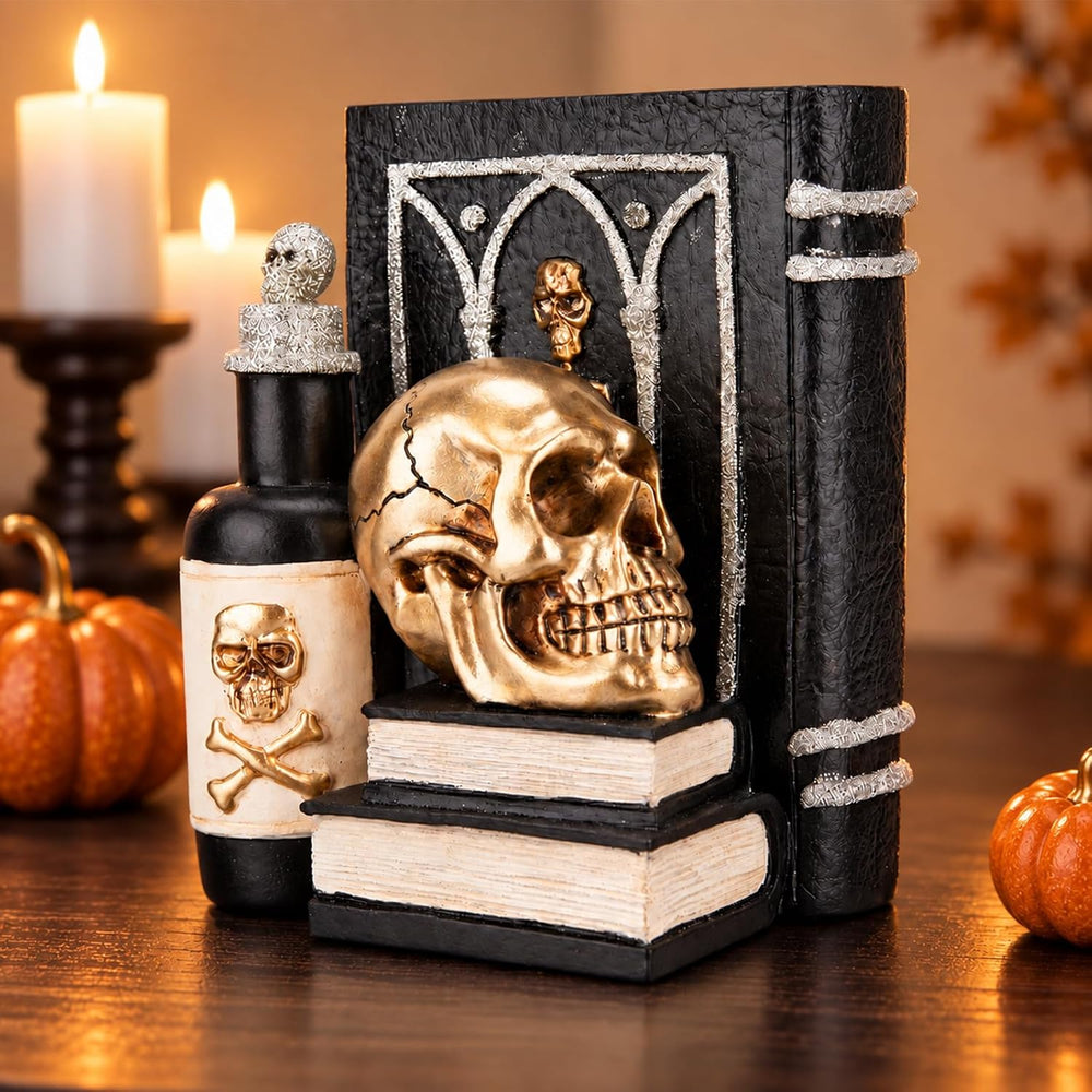 Halloween Skull Figurine, Gothic Book & Potion Bottle Indoor Tabletop Decor