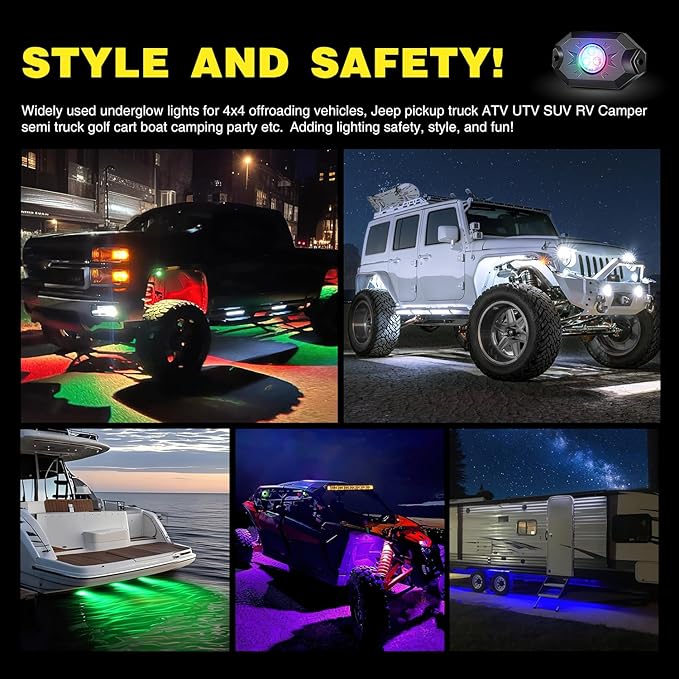 Nilight RGB LED Rock Lights Kit, 4 pods Underglow Multicolor Neon Light Pod