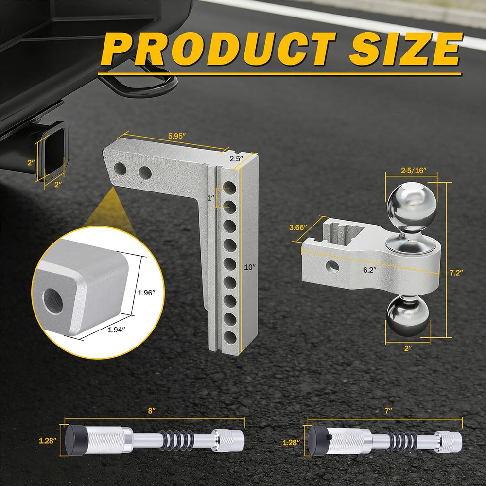 Aluminum Adjustable Trailer Hitch for 2-Inch Receiver 8 Inch Drop/Rise Hitch ...