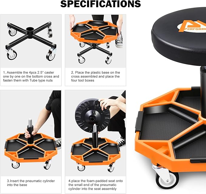 PM PERFORMOTOR Adjustable Height Pneumatic Garage Seat Rolling Mechanic Stool