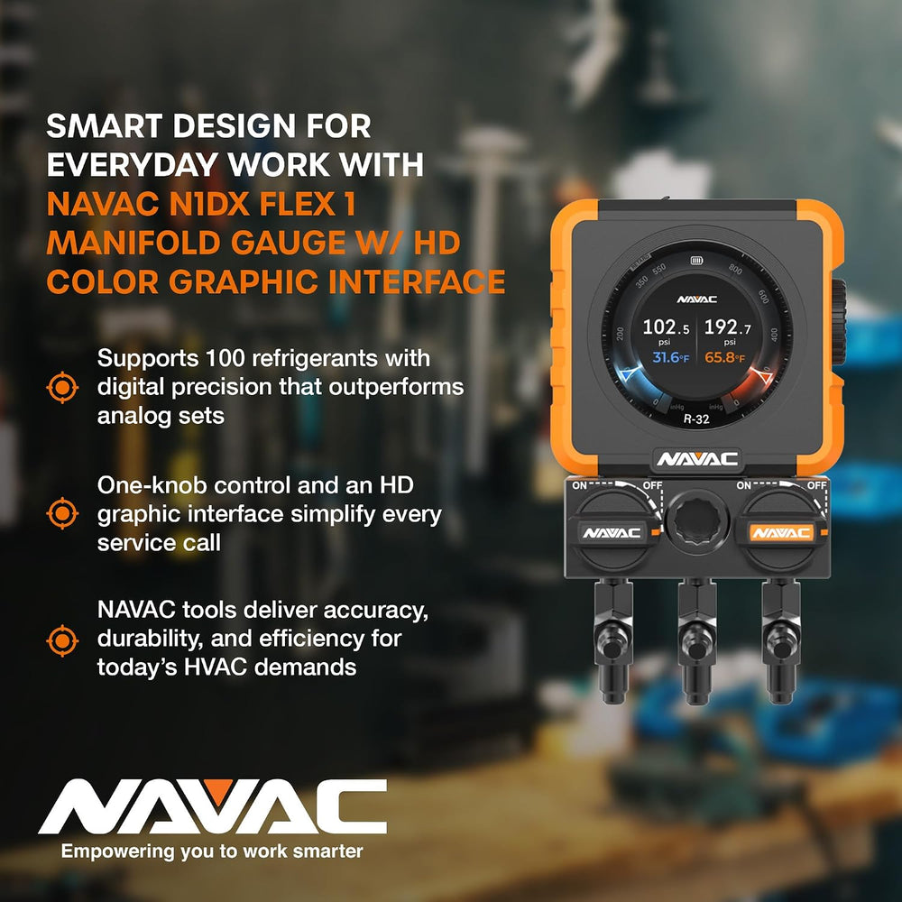 NAVAC N1DX Flex 1 Manifold Gauge - HD Color Display, 100 Refrigerants