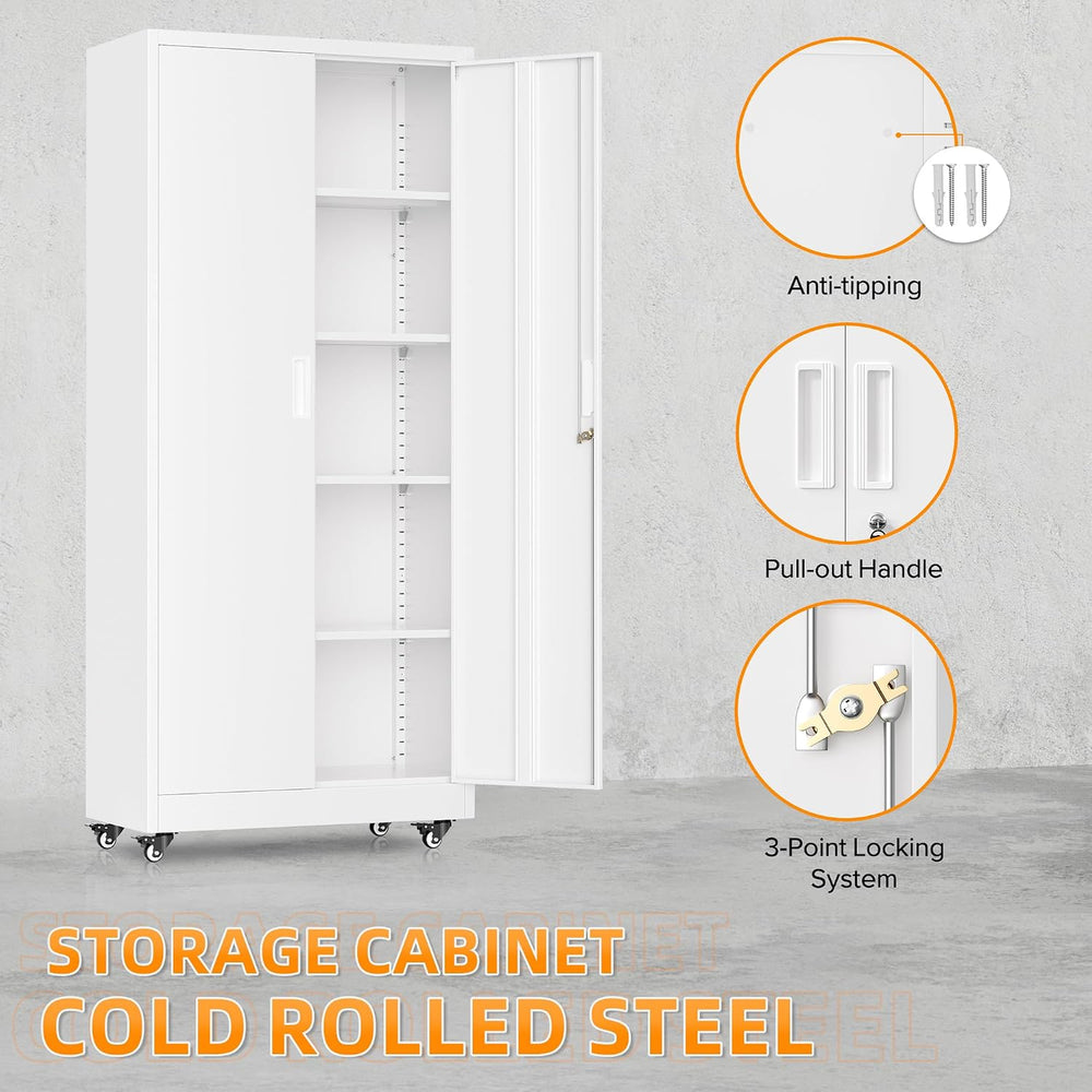 Superday 73" Metal Storage Cabinet with Wheels, Lockable Steel Utility C...