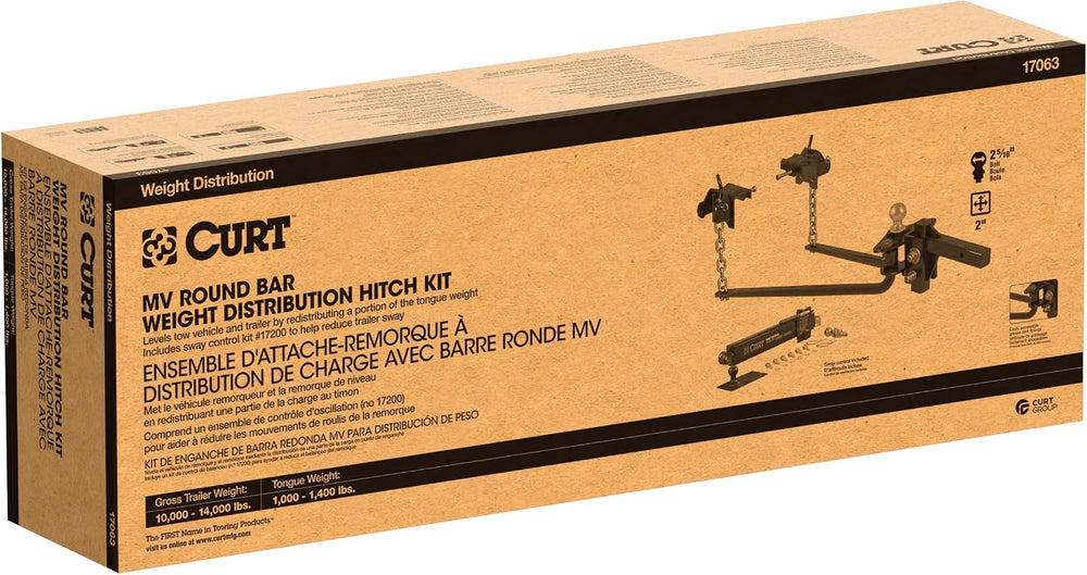 CURT 17063 Round Bar Weight Distribution Hitch with Sway Control, 14,000 lb