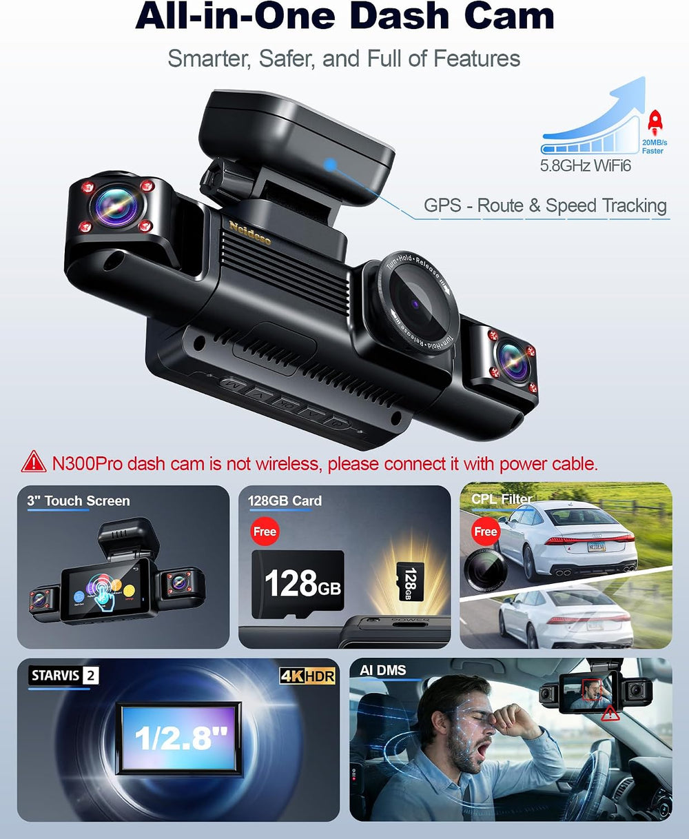 4K STARVIS 2 Dash Cam Front Rear with 5.8G WiFi 128GB Card, N300Pro