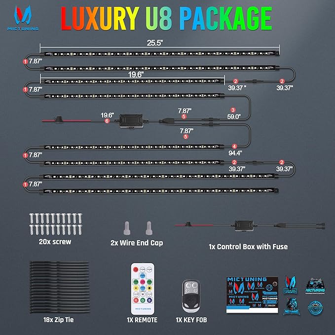 MICTUNING U8 RGB+IC Underglow LED Light Bars 888 LEDs, Dual Remote Control (8...