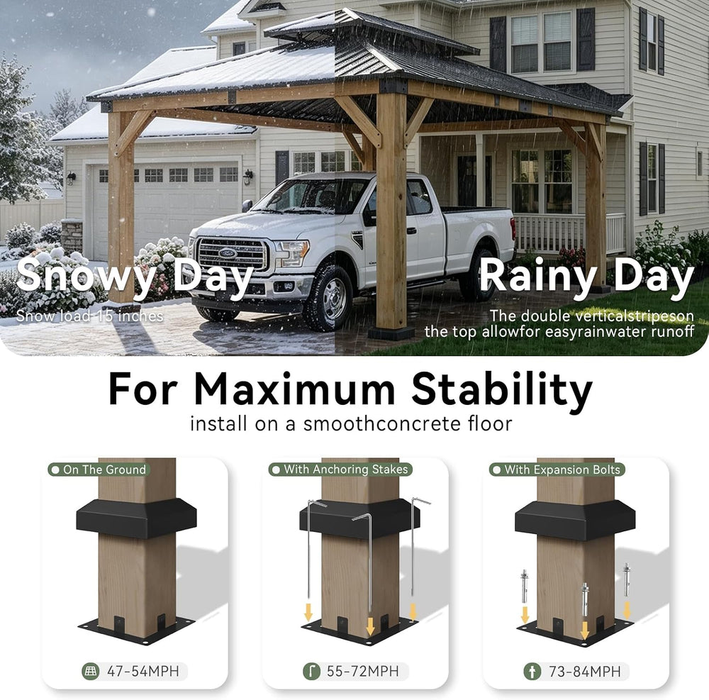 Aoxun 12x16 FT Heavy Duty Cedar Wood Carport, Double Galvanized Steel Roof