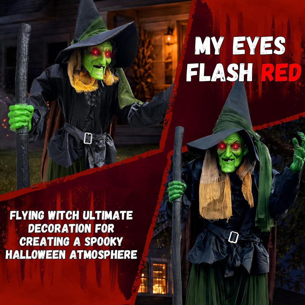 Halloween Animatronics Flying Witch Decorations Outdoor, 11ft Animated Floati...