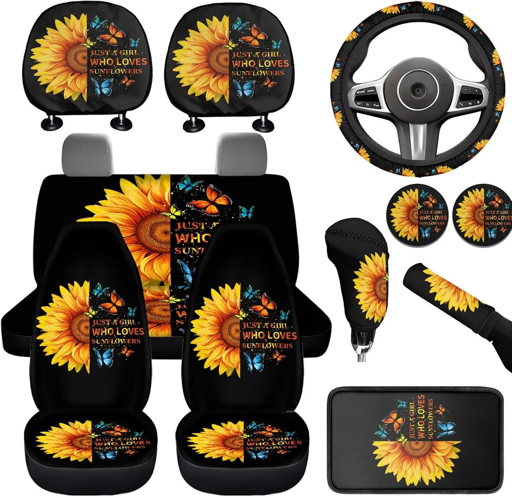 Sunflower Print Car Seat Cover Full Set for Men Women Auto Accessories Full S...