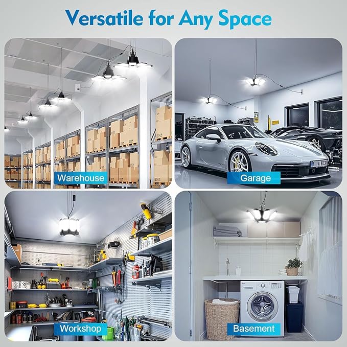TANBABY Upgrade 250W LED Garage Lights Plug in 2 Pack, Total 50000LM Deformable