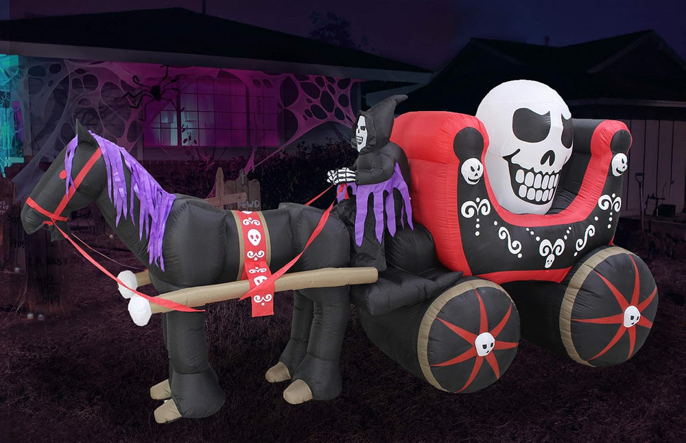 12 FT Long Halloween Inflatable Carriage with Skeleton Ghost Skull