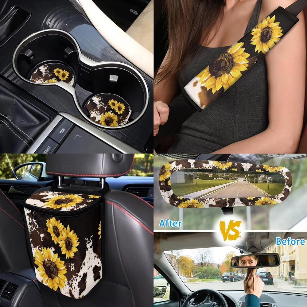 Cute Cow Print Car Accessories Set 14 Pack Sunflower Car Seat Covers Full Set...
