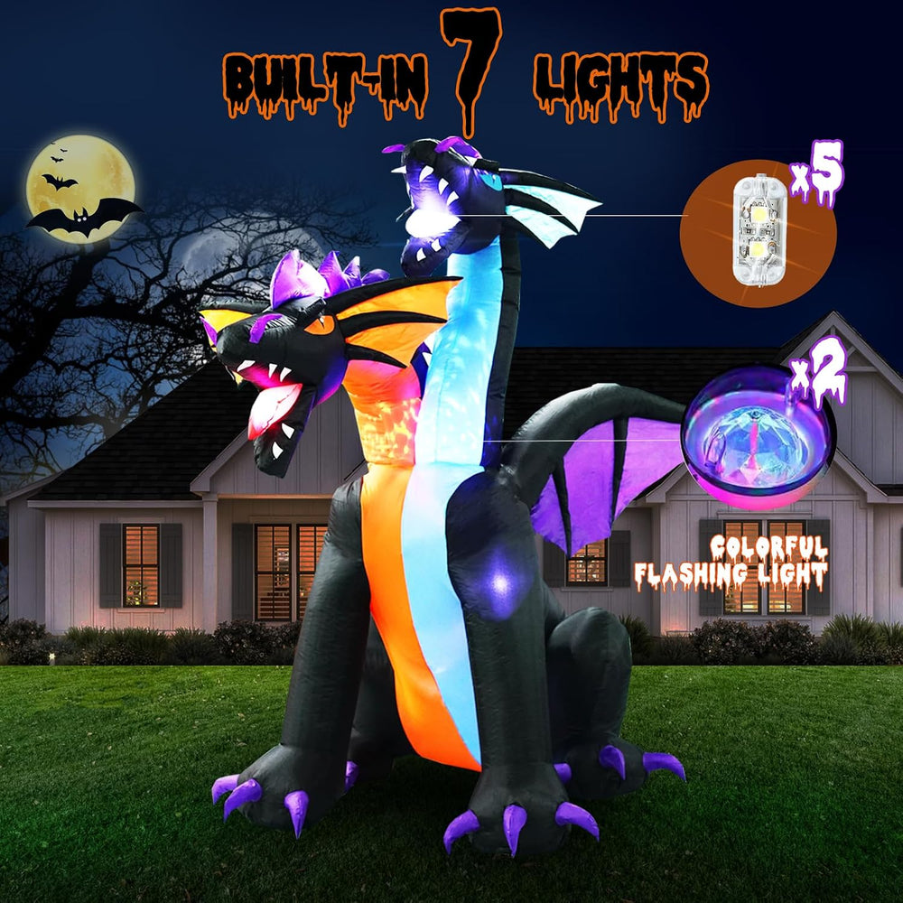 7FT Tall Halloween Inflatables Dragon with 2 Heads, Fire and Ice Blow Up Drag...