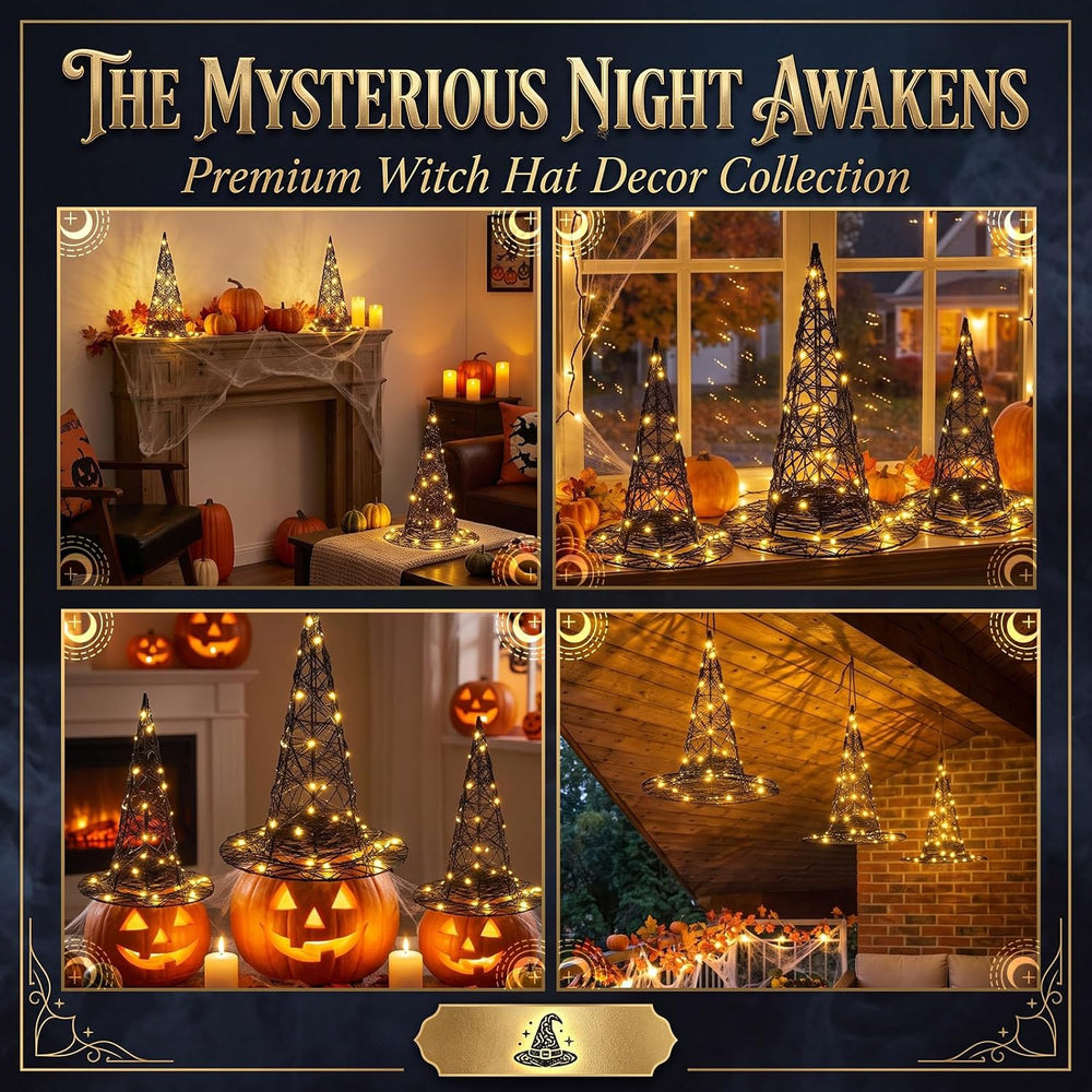 Thyle 3 Pcs Halloween Wicker Witch Hat, Black Rattan Decor with LED Lights