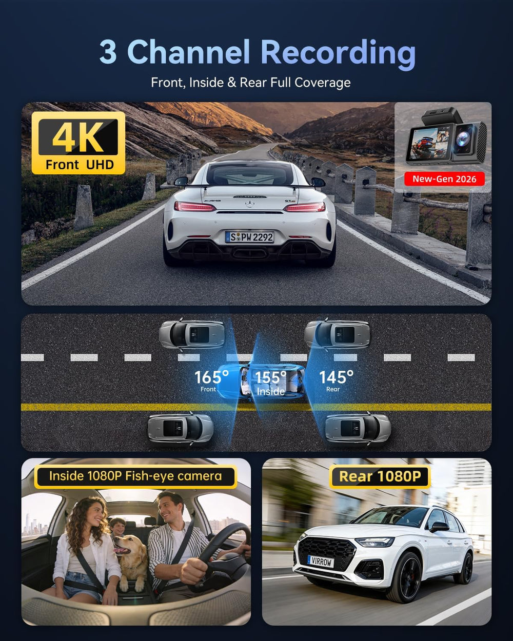 Dash Cam Front and Rear: 4K 3 Channel Dashcam for Car Free 64GB Card