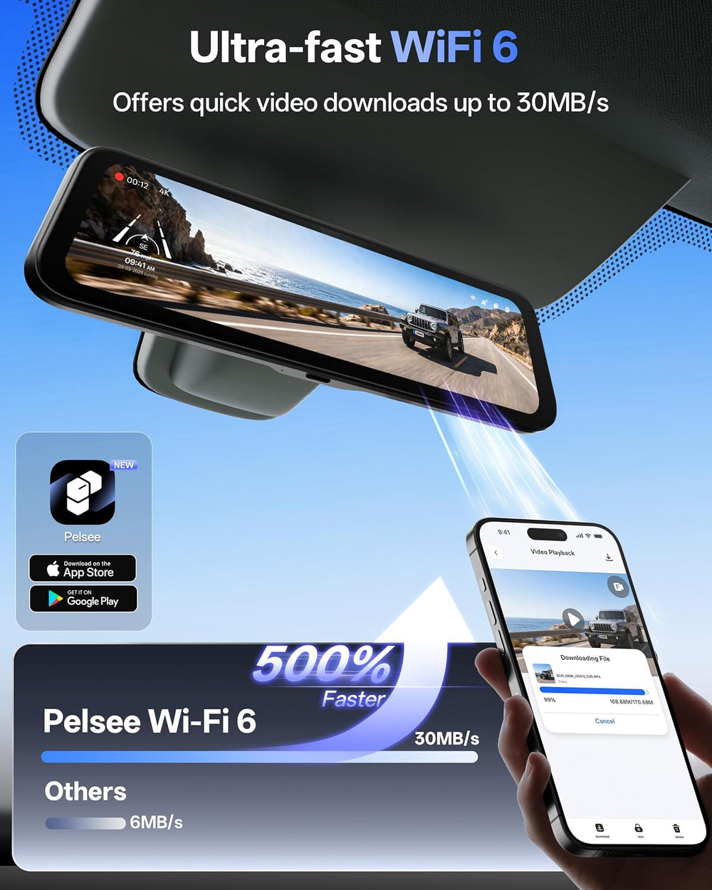 Pelsee S12 Native 4K + 2.5K Mirror Dash Cam, 64GB Card Included, GPS