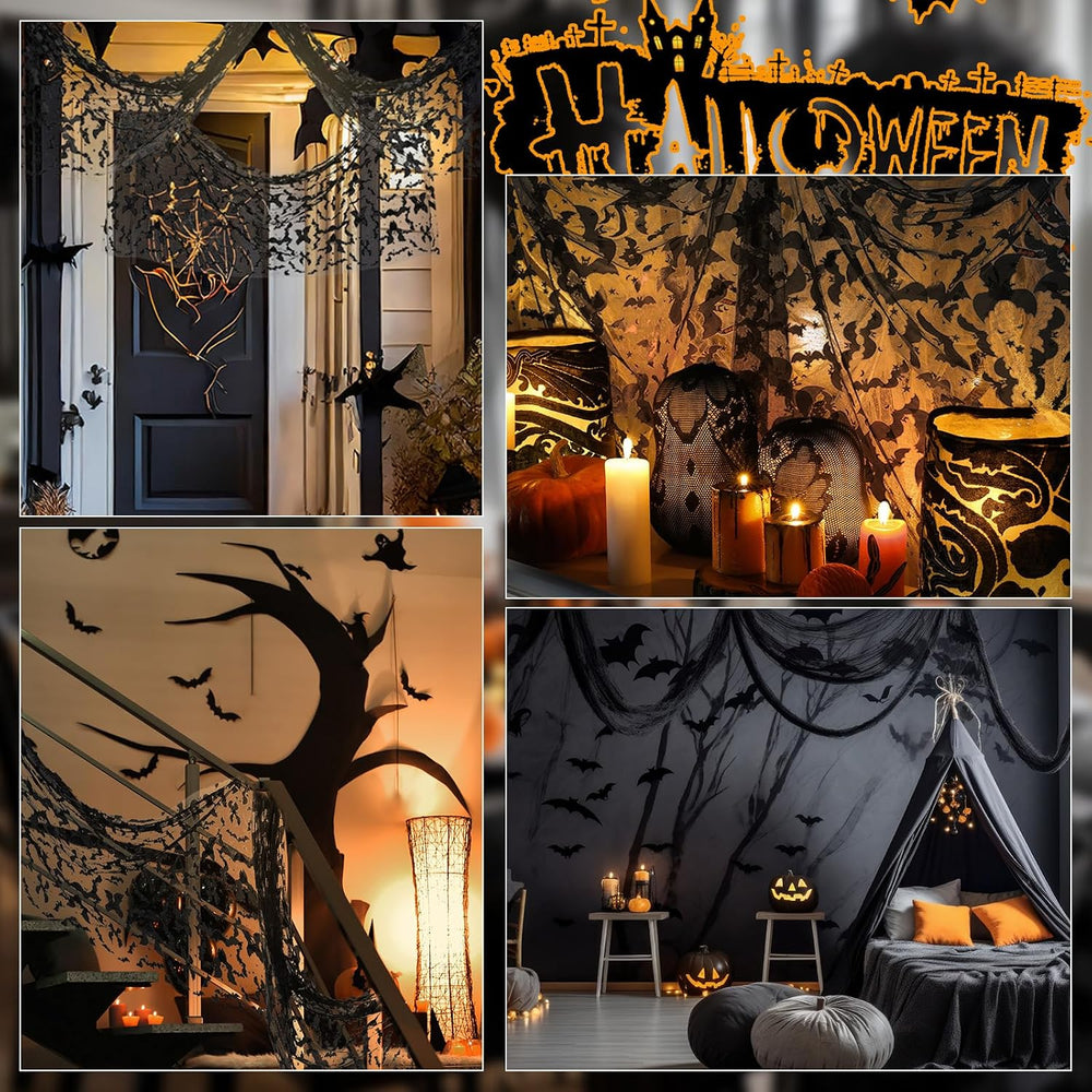 Lounsweer 6 Pcs Black Halloween Table Runner 10ft Bat Cheesecloth Tulle