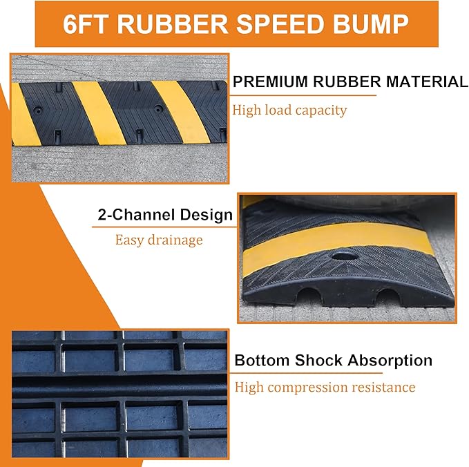 Orangestar 2-Pack 6Ft Rubber Speed Bump, 2 Channel Heavy Duty Speed Hump Cable