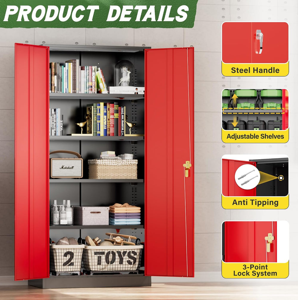 Metal Storage Cabinet, 72" Steel Garage Cabinet with Doors and Adjustabl...