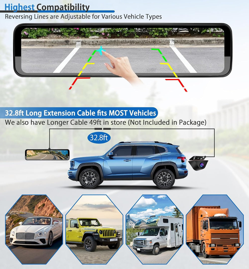 12" Rear View Mirror Dash Cam 3 Channel - Car Rearview Camera Dashcam