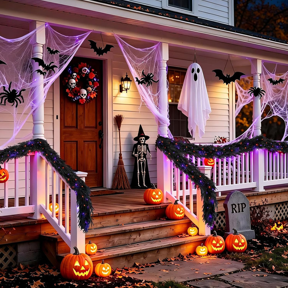 9FT Soft Touch Black Norfolk Pine Halloween Garland with Timer Lights