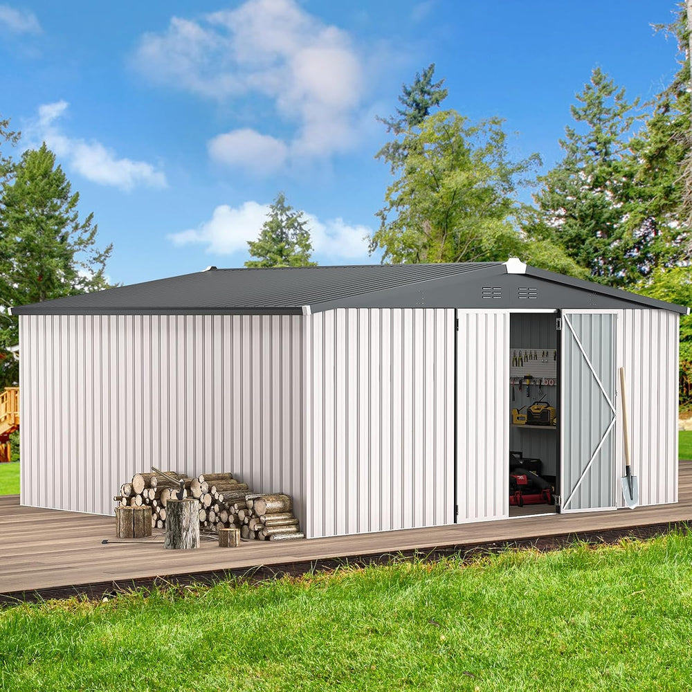AECOJOY 14' x 12' Outdoor Storage Shed, Large 12x14 Metal Sheds &...