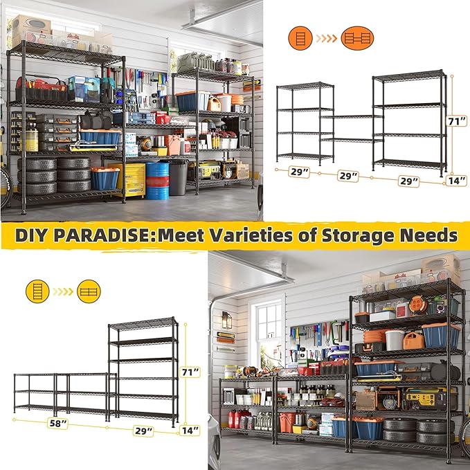 REIBII 71" H Storage Shelves 6 Tier Wire Shelving Unit 1200LBS Metal She...