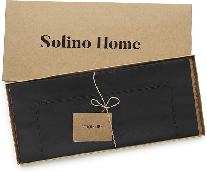 Solino Home Black Table Runner 48 Inches - Cotton Linen Hemstitch Coffee Tabl...