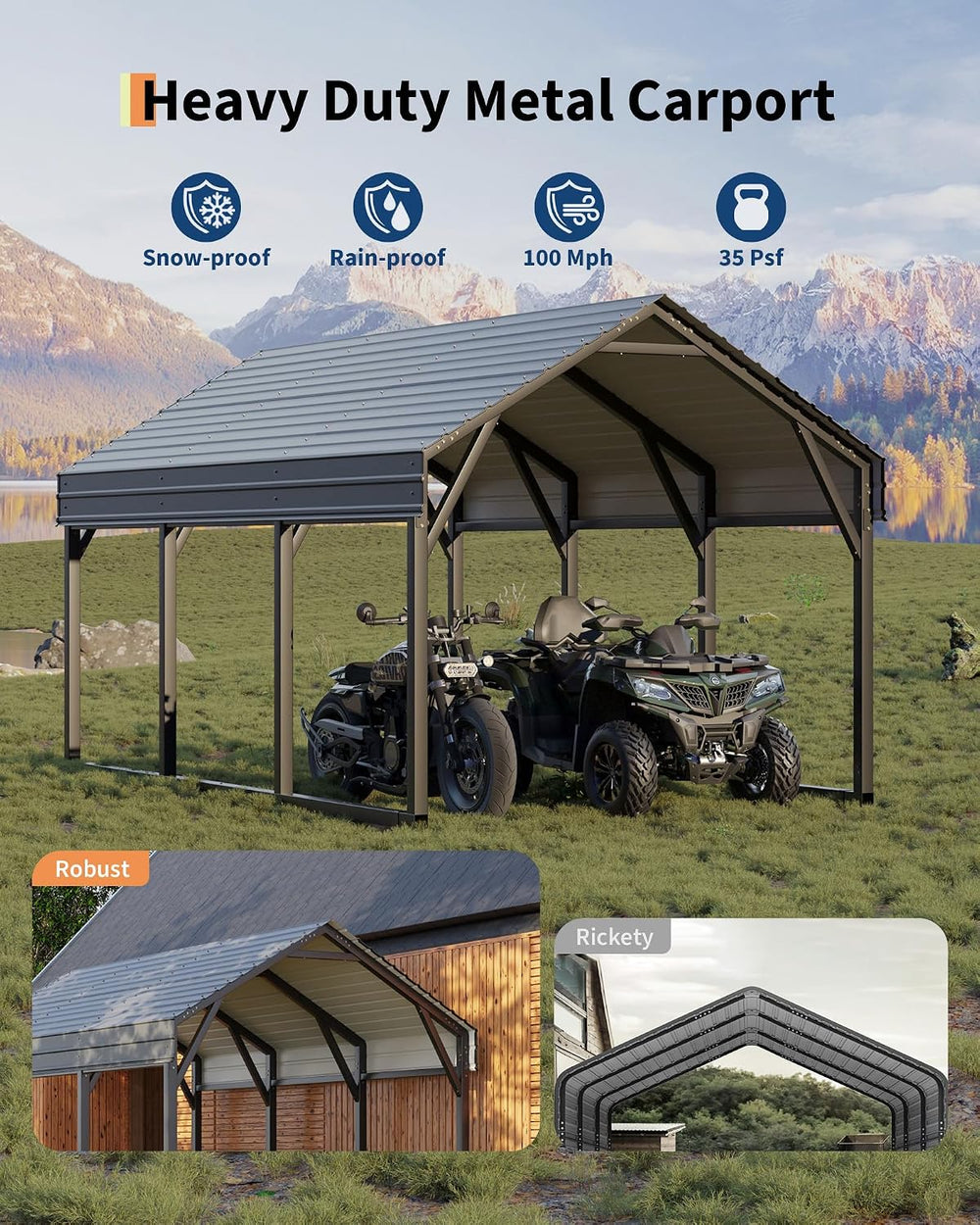 GarveeLife 12x13 ft Metal Carport Shed, Reinforced Frame and Steel Roof for A...